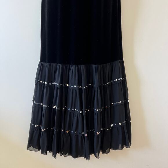 Vintage Black Velvet Tiered Sequin Maxi Dress Womens Small / Medium Witchy Gypsy - Picture 4 of 11